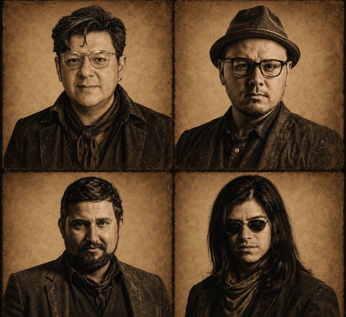 Retrato de Bluestation en cuatro paneles estilo wanted poster